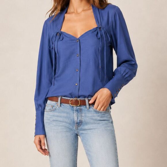 Simonton Says Tops - Vintage Blue Button Shirt Size Medium‎ Romantic Long Sleeve Top